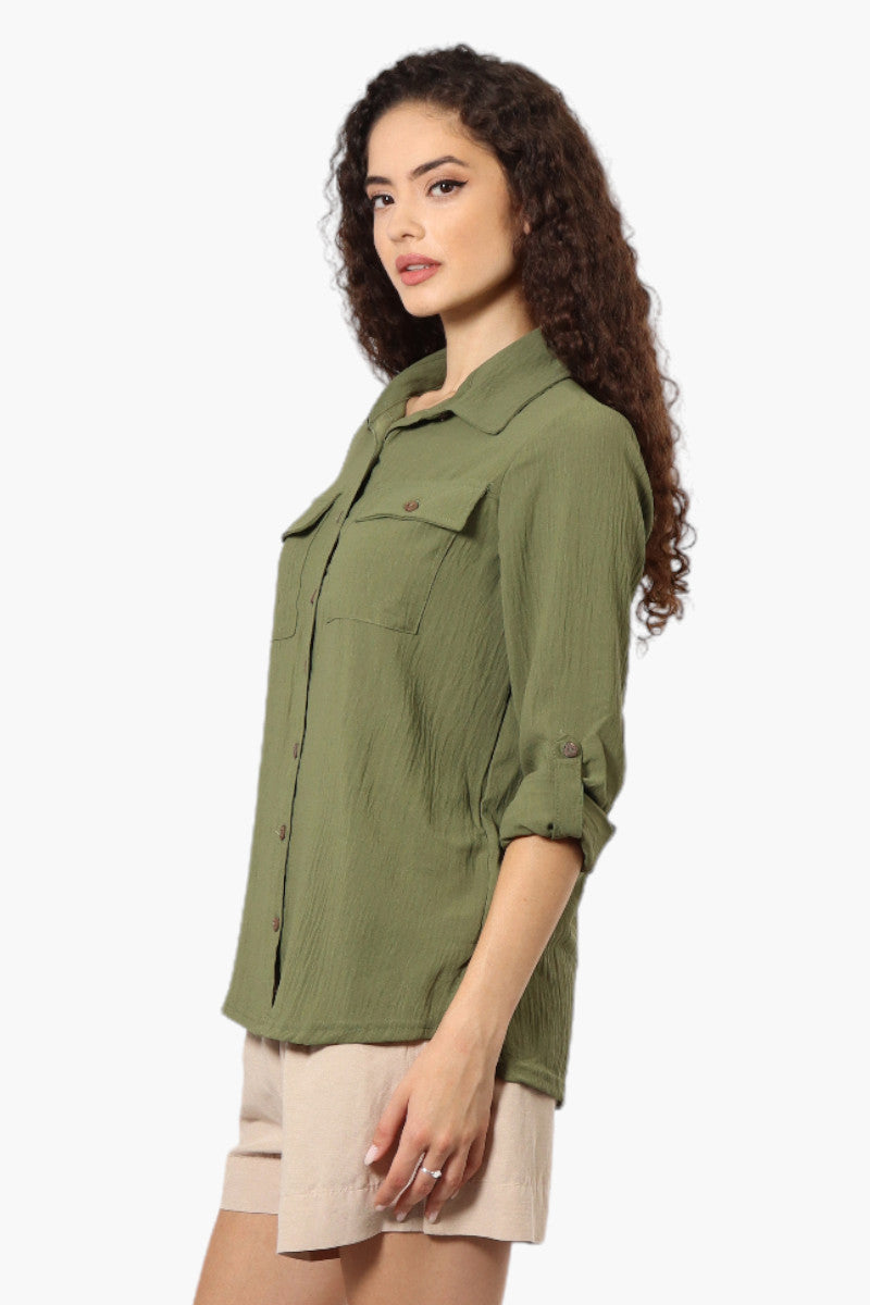 Urbanology Roll Up Sleeve Button Down Shirt - Olive - Womens Shirts & Blouses - Fairweather