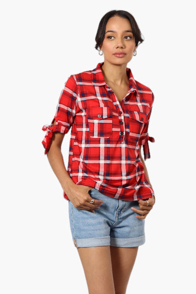 Urbanology Plaid Tie Sleeve Shirt - Red - Womens Shirts & Blouses - Fairweather