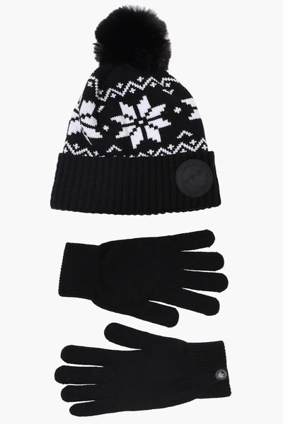 Canada Weather Gear Gloves Festive Pom Pom Hat Set - Black - Womens Hats - Fairweather