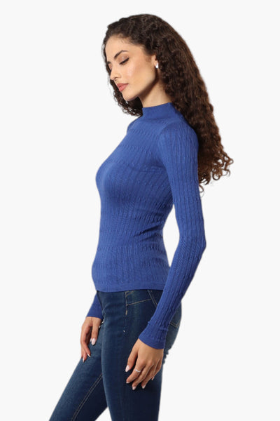 Magazine Ribbed Mock Neck Long Sleeve Top - Blue - Womens Long Sleeve Tops - Fairweather