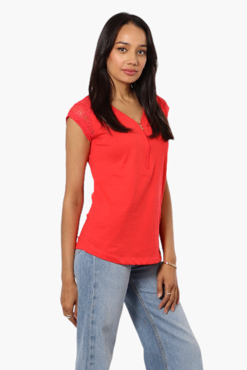 Majora Half Zip Lace Shoulder Tee - Red - Womens Tees & Tank Tops - Fairweather