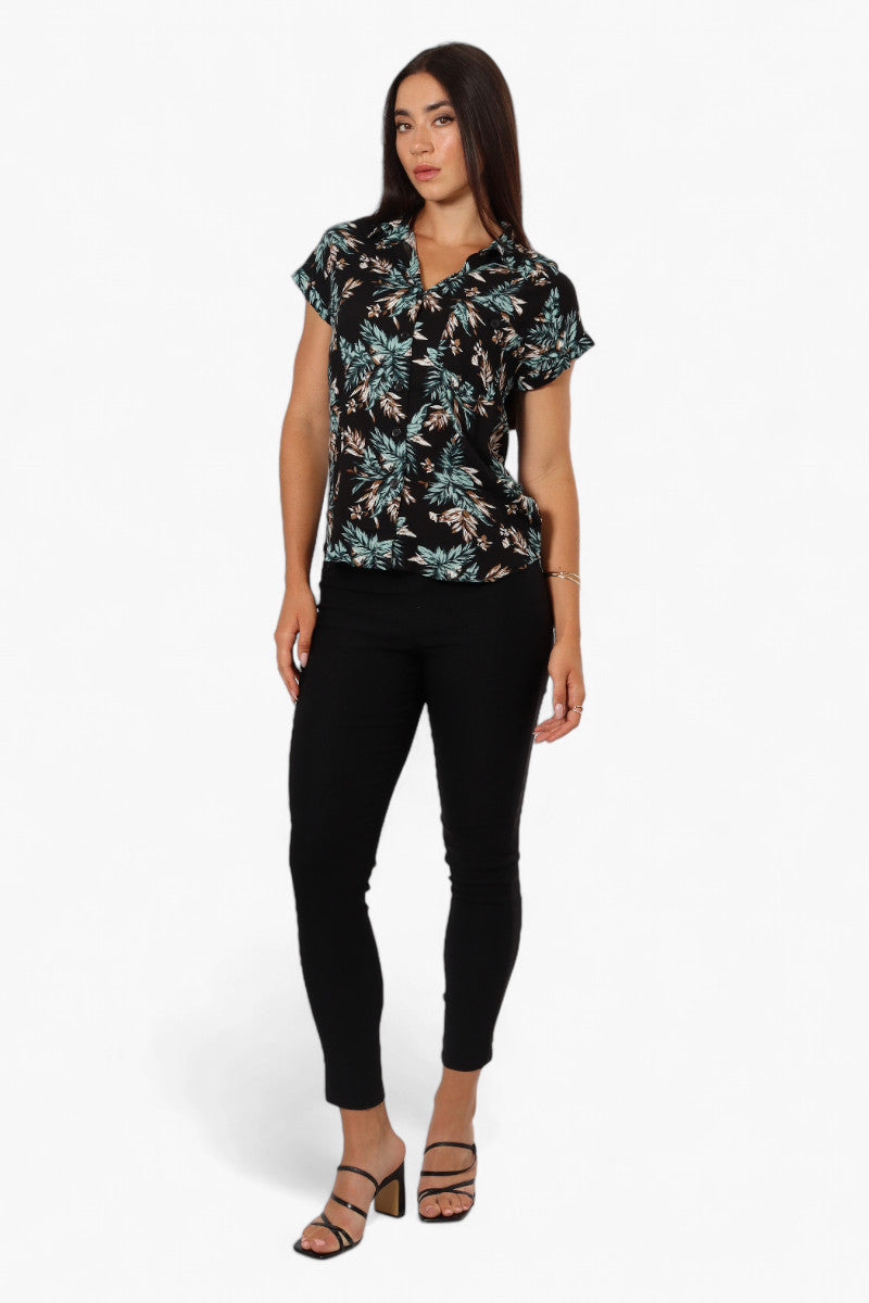 Majora Leaf Pattern Button Up Shirt - Black - Womens Shirts & Blouses - Fairweather