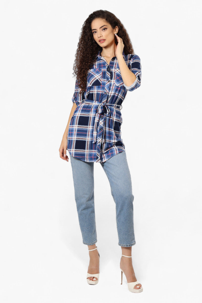 Urbanology Belted Striped Button Down Shirt - Blue - Womens Shirts & Blouses - Fairweather