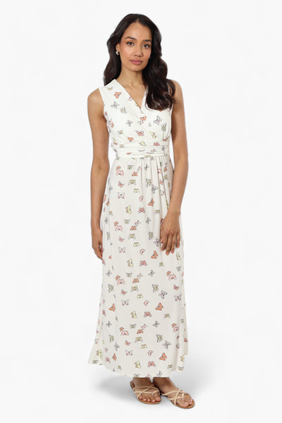 Beechers Brook Butterfly Pattern Belted Crossover Maxi Dress - White - Womens Maxi Dresses - Fairweather