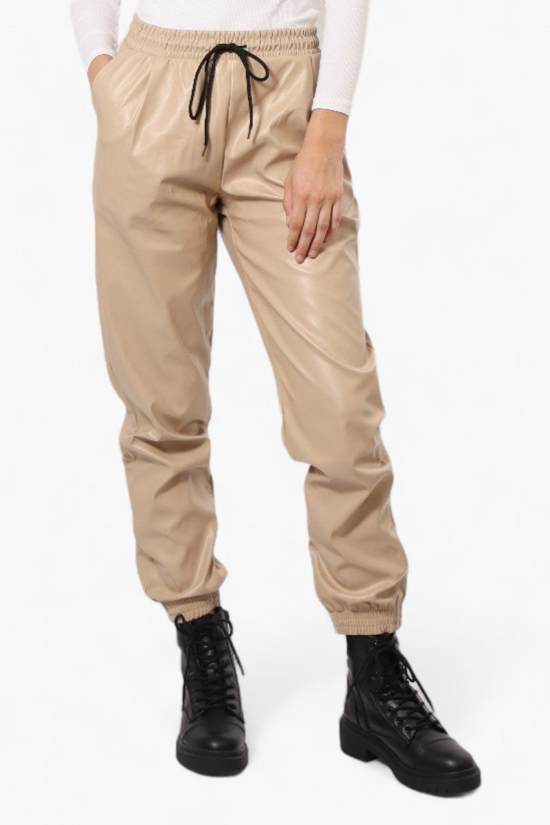 Limite Tie Waist Vegan Leather Jogger Pants - Beige - Womens Pants - Fairweather