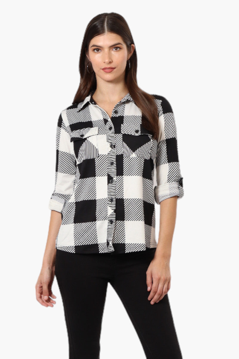 Urbanology Plaid Roll Up Sleeve Button Up Shirt - Black - Womens Shirts & Blouses - Fairweather