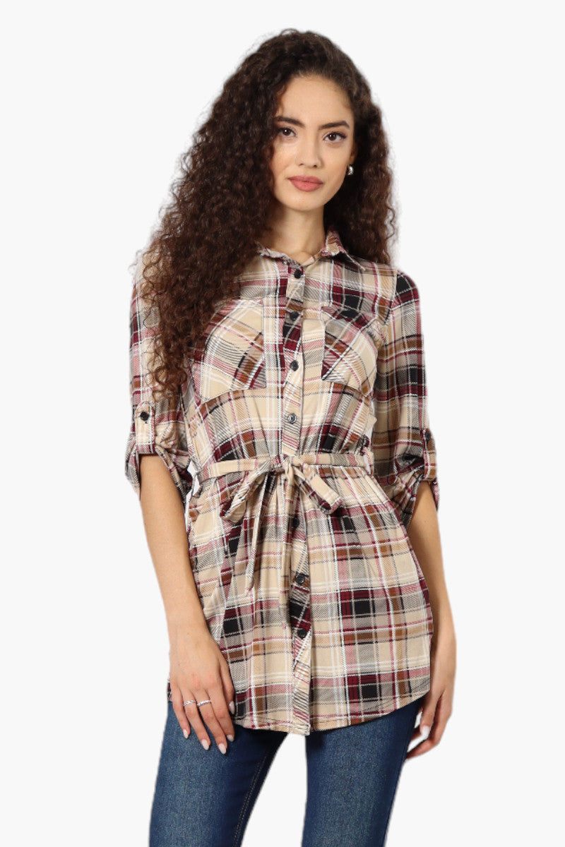 Urbanology Belted Plaid Button Down Shirt - Beige - Womens Shirts & Blouses - Fairweather