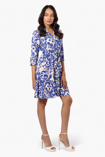 Beechers Brook Belted Patterned Button Down Day Dress - Blue - Womens Day Dresses - Fairweather