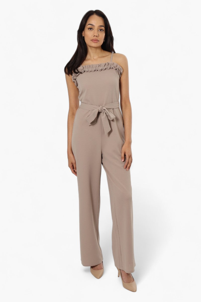 Limite Belted Ruffle Detail Jumpsuit - Beige - Womens Jumpsuits & Rompers - Fairweather