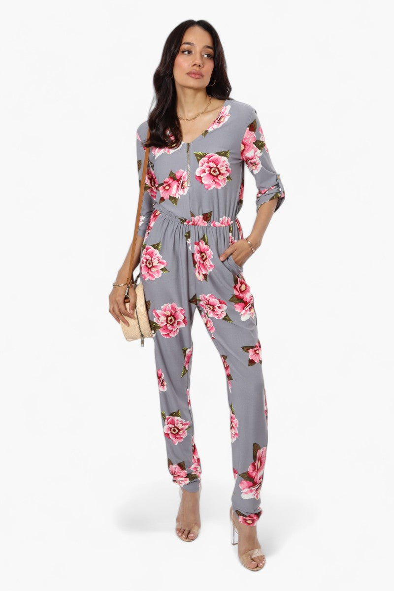 International INC Company Floral Roll Up Sleeve Jumpsuit - Grey - Womens Jumpsuits & Rompers - Fairweather