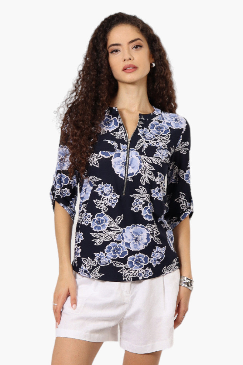 Beechers Brook Floral Half Zip Roll Up Sleeve Shirt - Navy - Womens Shirts & Blouses - Fairweather