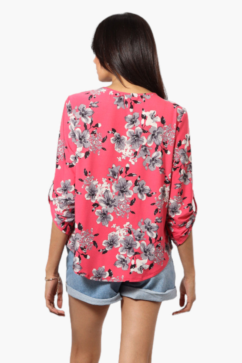 Beechers Brook Floral Roll Up Sleeve Necklace Blouse - Pink - Womens Shirts & Blouses - Fairweather