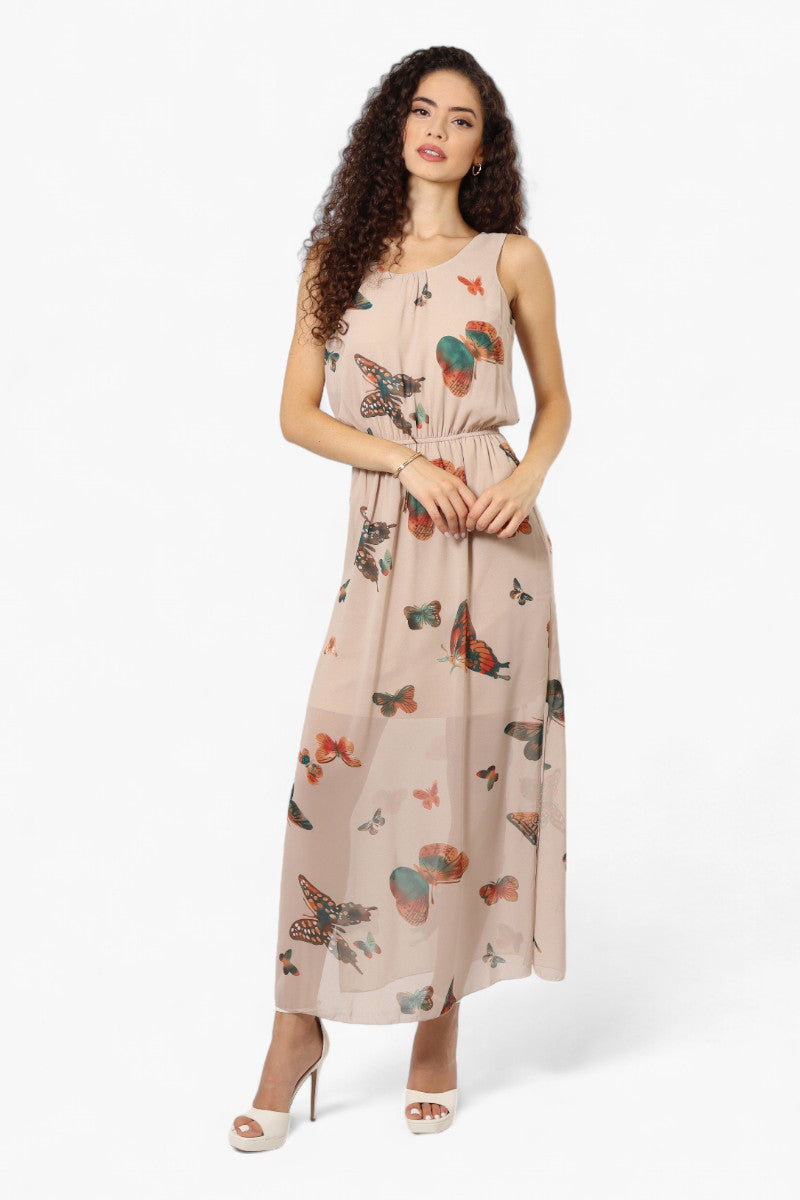 Limite Butterfly Pattern Sleeveless Tank Maxi Dress - Taupe - Womens Maxi Dresses - Fairweather