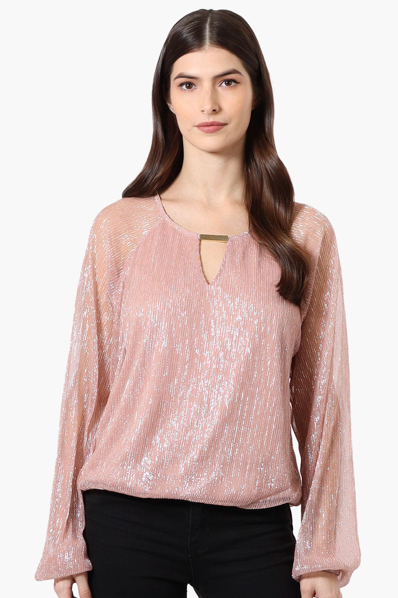 Limite Sheer Sleeve Lurex Keyhole Blouse - Pink - Womens Shirts & Blouses - Fairweather