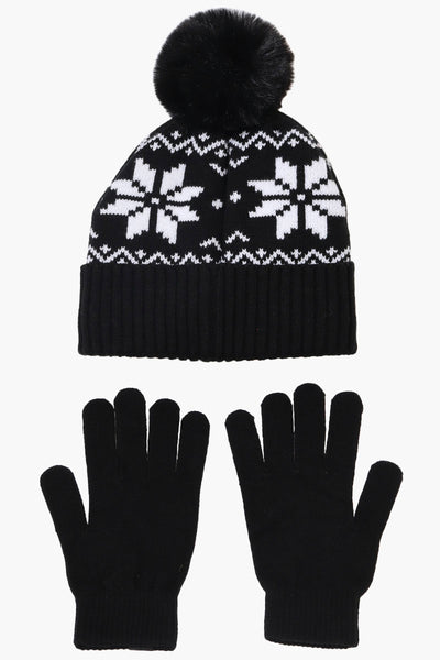 Canada Weather Gear Gloves Festive Pom Pom Hat Set - Black - Womens Hats - Fairweather