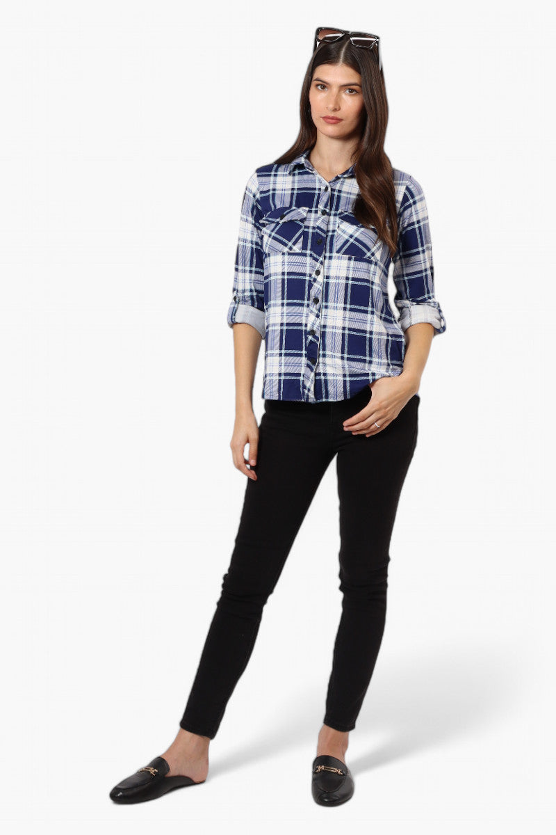 Urbanology Plaid Roll Up Sleeve Button Up Shirt - Blue - Womens Shirts & Blouses - Fairweather