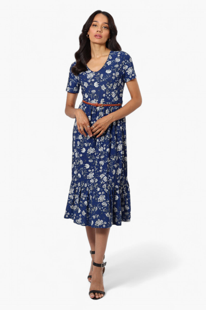 International INC Company Floral Belted Short Sleeve Maxi Dress - Blue - Womens Maxi Dresses - Fairweather