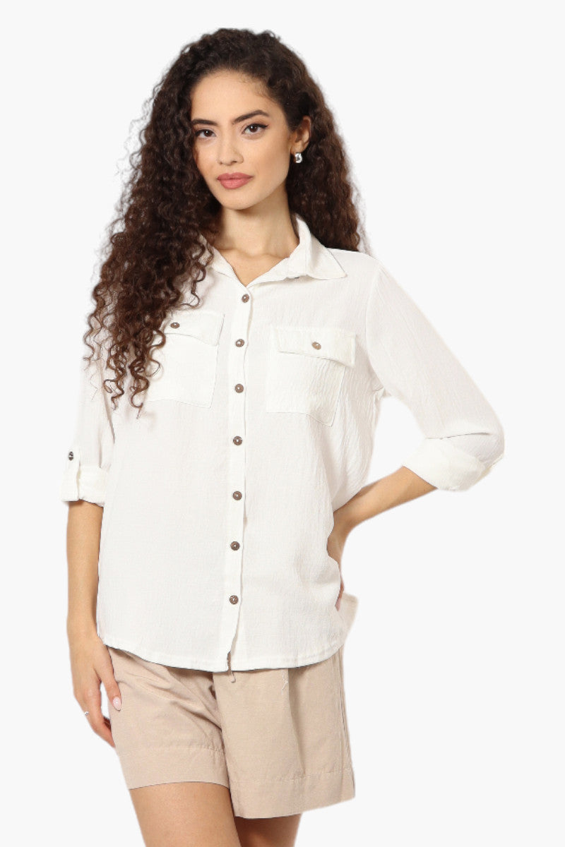 Urbanology Roll Up Sleeve Button Down Shirt - White - Womens Shirts & Blouses - Fairweather