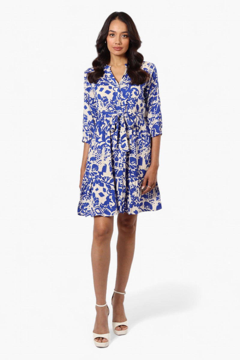 Beechers Brook Belted Patterned Button Down Day Dress - Blue - Womens Day Dresses - Fairweather