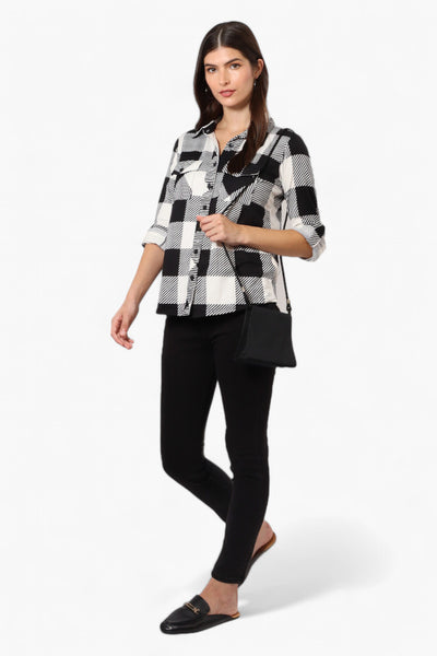 Urbanology Plaid Roll Up Sleeve Button Up Shirt - Black - Womens Shirts & Blouses - Fairweather