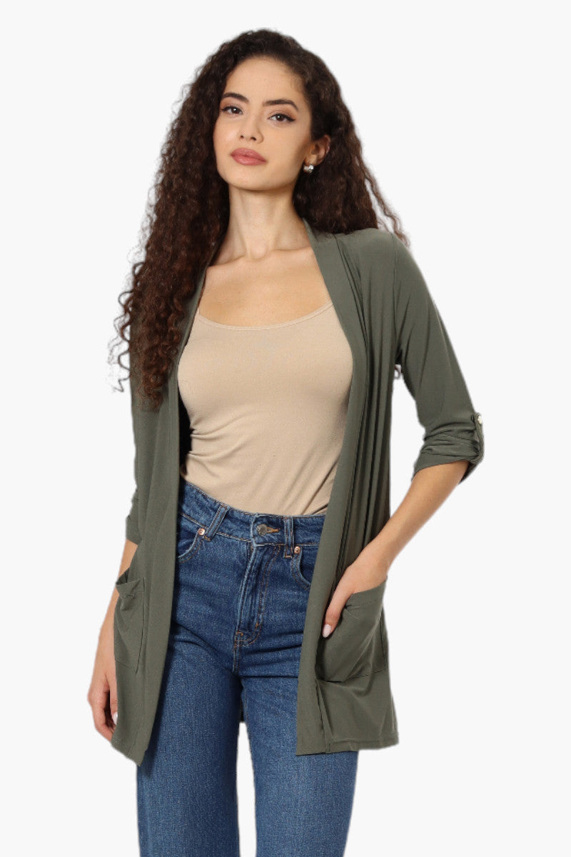 International INC Company Roll Up Sleeve Open Wrap Cardigan - Olive - Womens Cardigans - Fairweather