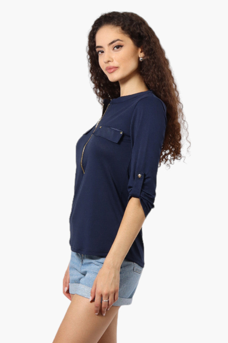 Beechers Brook Solid Half Zip Roll Up Sleeve Shirt - Navy - Womens Shirts & Blouses - Fairweather