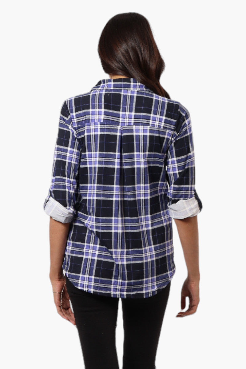 Urbanology Plaid Roll Up Sleeve Button Up Shirt - Navy - Womens Shirts & Blouses - Fairweather