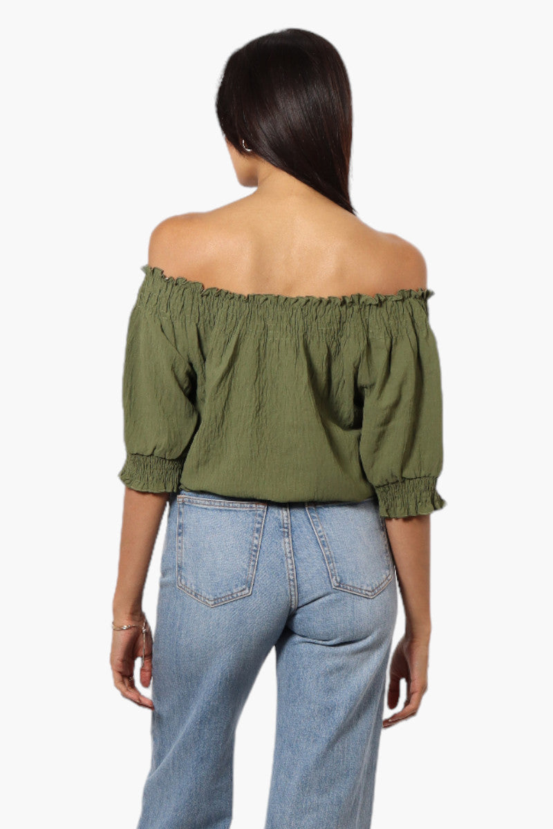 Urbanology Off Shoulder Tie Front Smock Blouse - Olive - Womens Shirts & Blouses - Fairweather