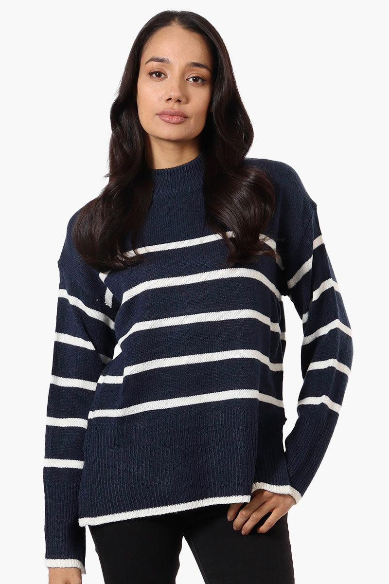 Beechers Brook Striped Side Slit Pullover Sweater - Navy - Womens Pullover Sweaters - Fairweather