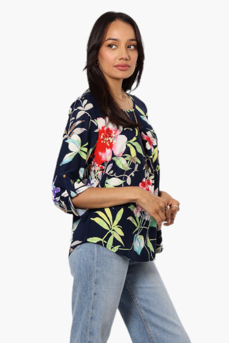 Beechers Brook Floral Roll Up Sleeve Necklace Blouse - Navy - Womens Shirts & Blouses - Fairweather