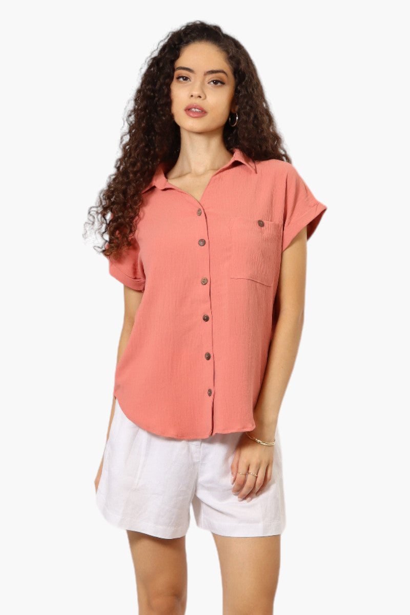 Urbanology Button Up Cap Sleeve Blouse - Pink - Womens Shirts & Blouses - Fairweather