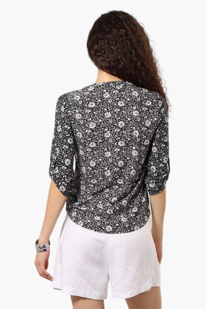 Beechers Brook Floral Half Zip Roll Up Sleeve Shirt - Black - Womens Shirts & Blouses - Fairweather