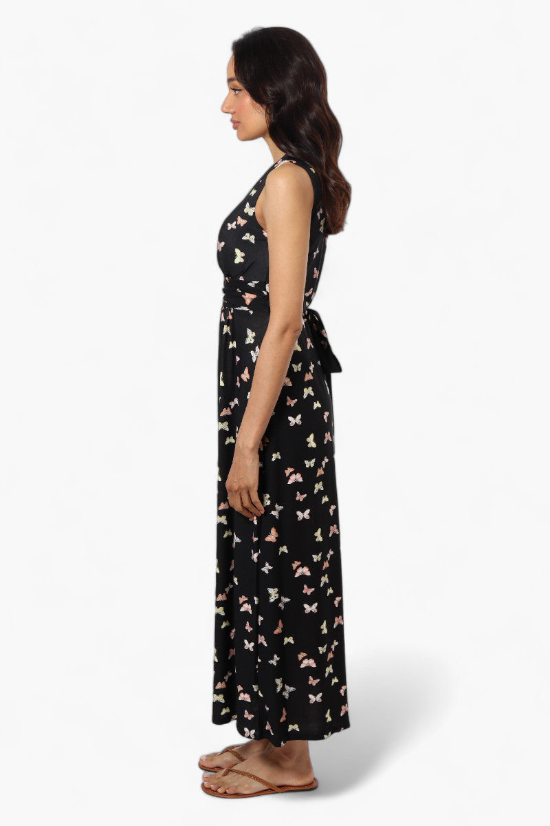 Beechers Brook Butterfly Pattern Belted Crossover Maxi Dress - Black - Womens Maxi Dresses - Fairweather