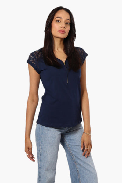 Majora Half Zip Lace Shoulder Tee - Navy - Womens Tees & Tank Tops - Fairweather