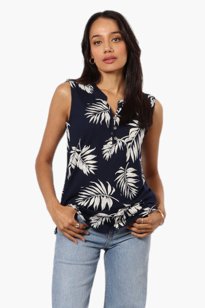 International INC Company Leaf Pattern Henley Tank Top - Navy - Womens Tees & Tank Tops - Fairweather