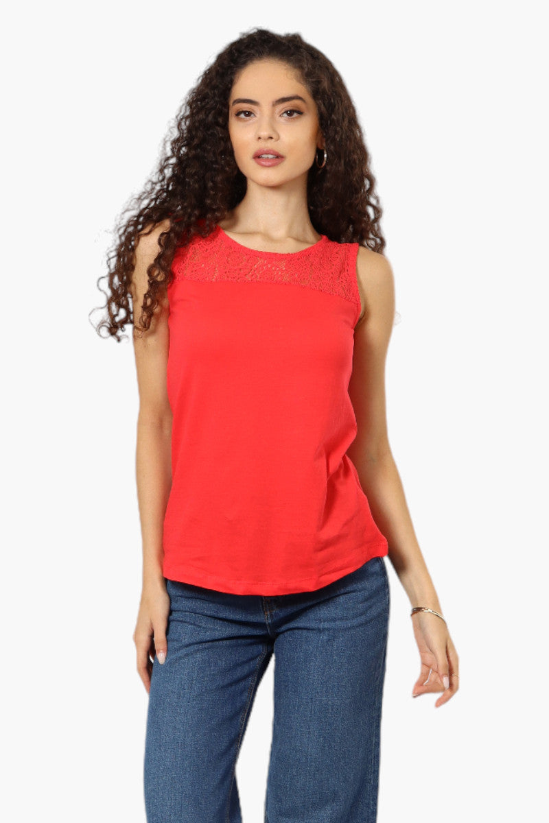 Majora Solid Lace Shoulder Tank Top - Red - Womens Tees & Tank Tops - Fairweather