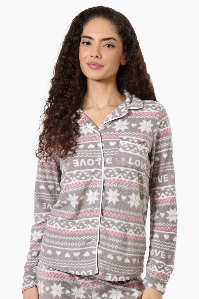 Canada Weather Gear Love Pattern Button Down Pajama Top - Grey - Womens Pajamas - Fairweather