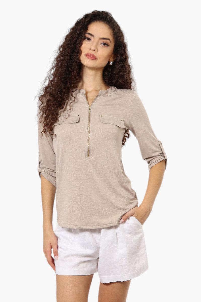 Beechers Brook Solid Half Zip Roll Up Sleeve Shirt - Beige - Womens Shirts & Blouses - Fairweather