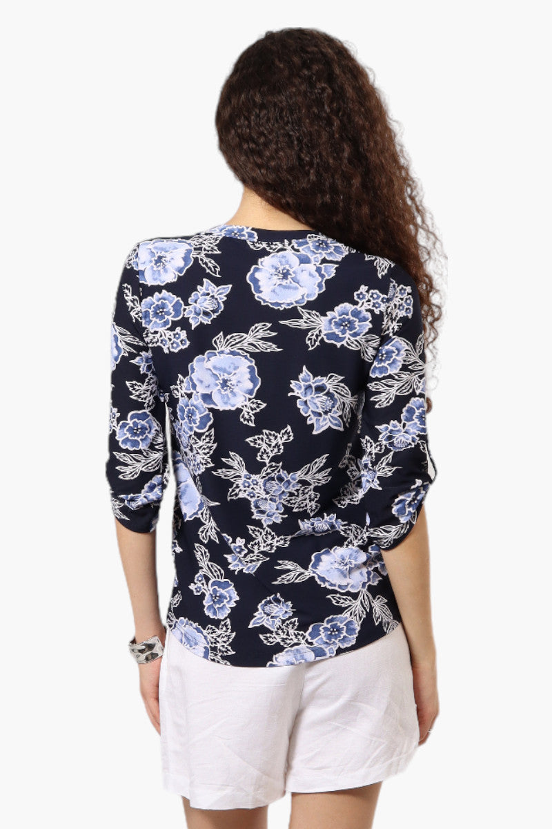 Beechers Brook Floral Half Zip Roll Up Sleeve Shirt - Navy - Womens Shirts & Blouses - Fairweather