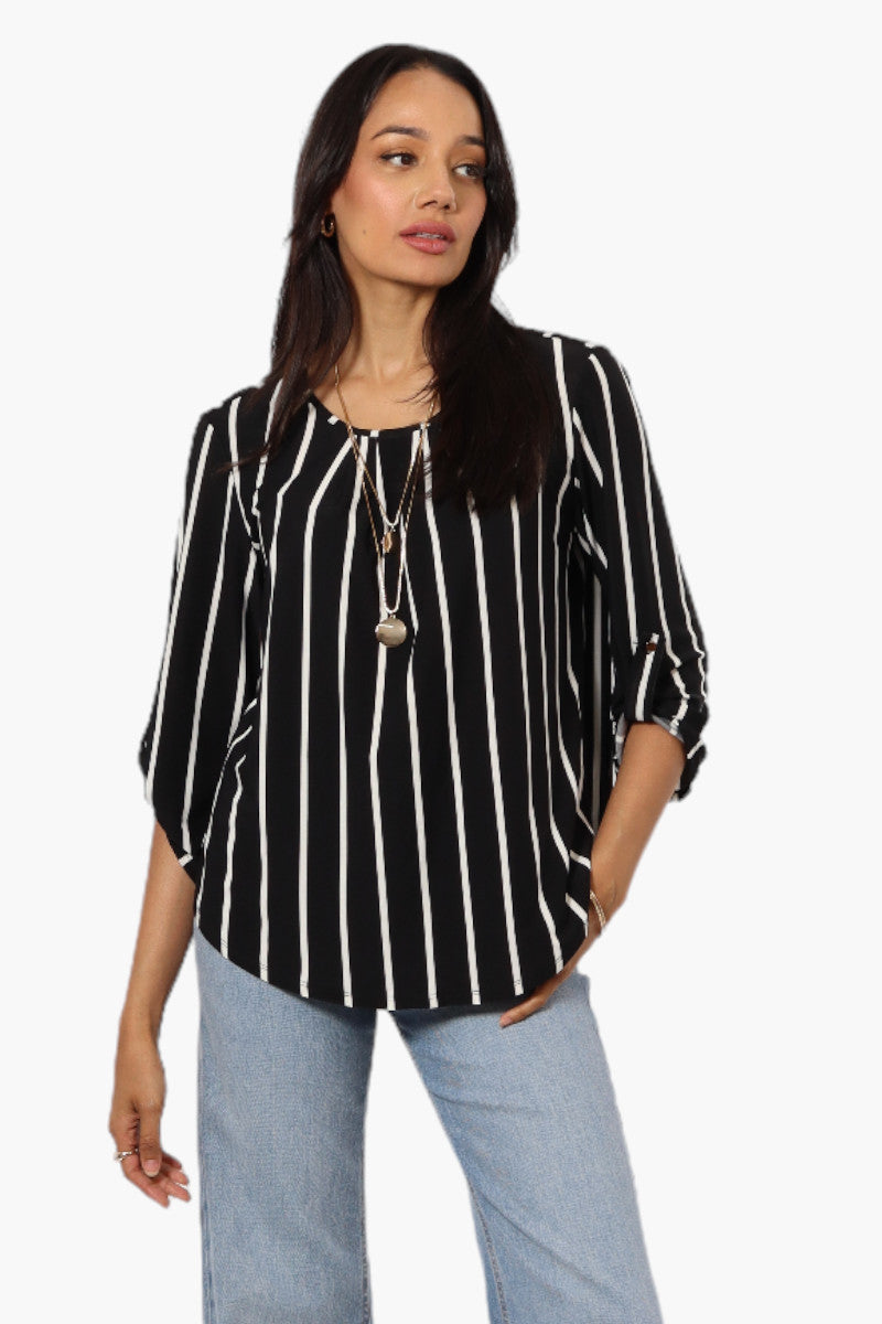 Beechers Brook Striped Roll Up Sleeve Necklace Blouse - Black - Womens Shirts & Blouses - Fairweather