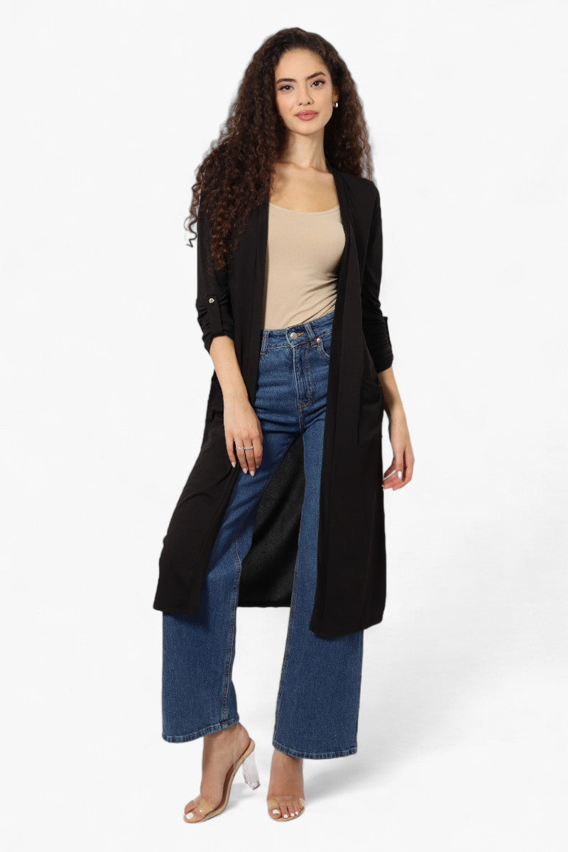 International INC Company Roll Up Sleeve Duster Cardigan - Black - Womens Cardigans - Fairweather