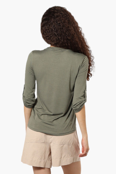 Beechers Brook Solid Half Zip Roll Up Sleeve Shirt - Olive - Womens Shirts & Blouses - Fairweather