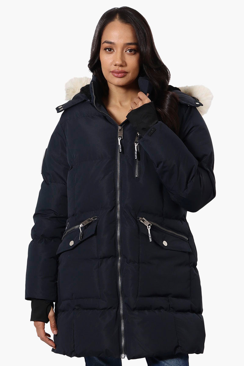 Super Triple Goose Faux Fur Thumb Hole Parka Jacket - Navy - Womens Parka Jackets - Fairweather