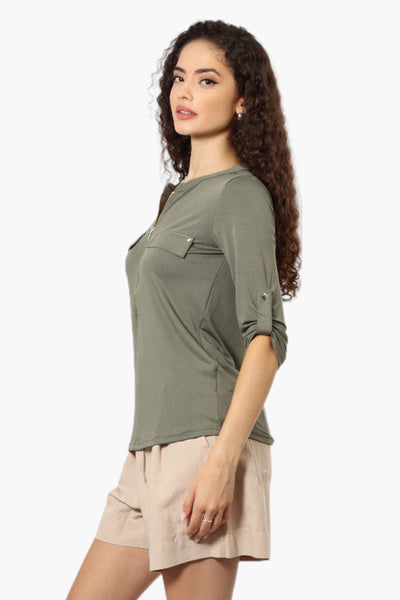 Beechers Brook Solid Half Zip Roll Up Sleeve Shirt - Olive - Womens Shirts & Blouses - Fairweather