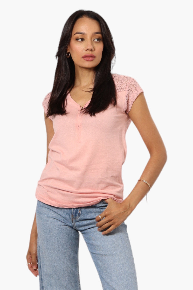 Majora Half Zip Lace Shoulder Tee - Pink - Womens Tees & Tank Tops - Fairweather