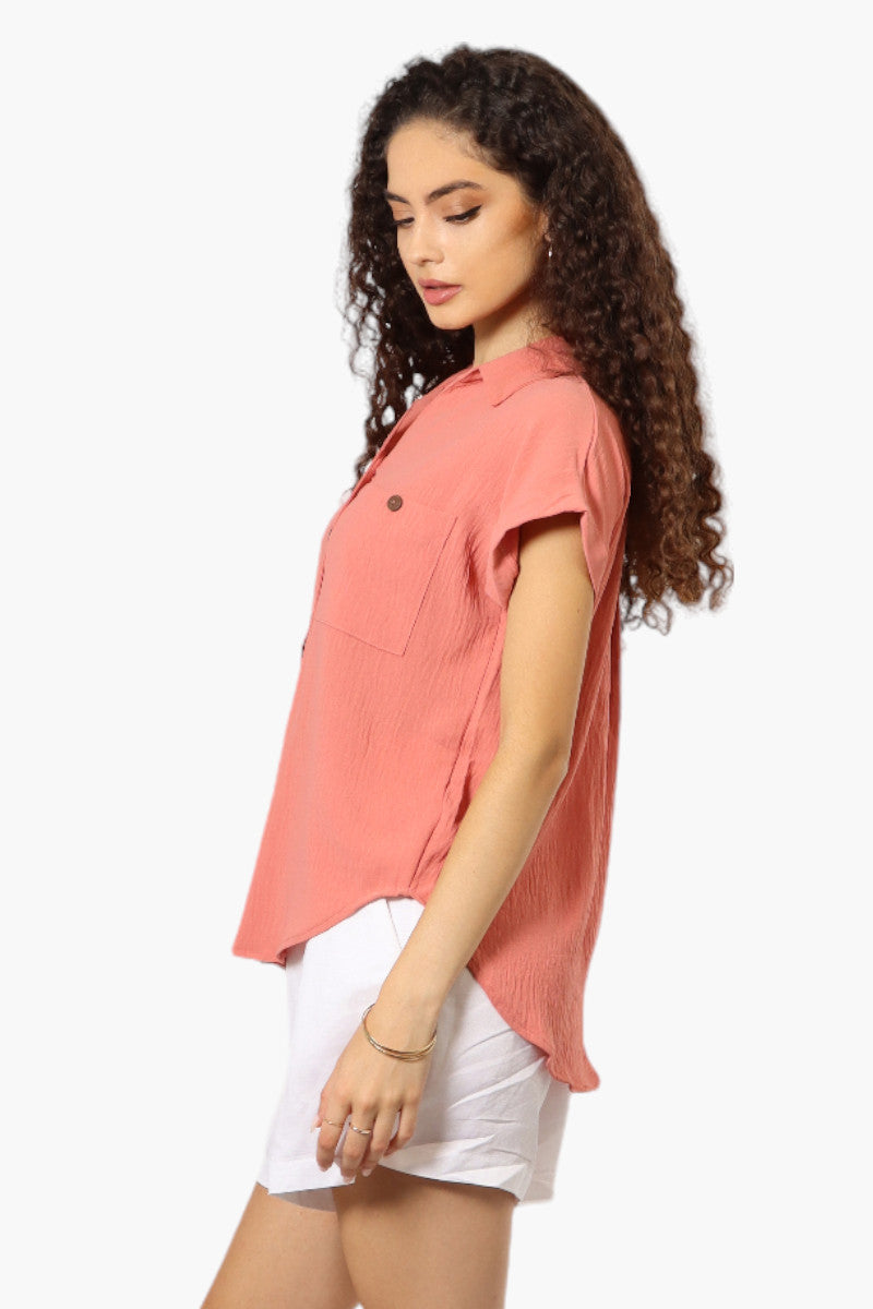 Urbanology Button Up Cap Sleeve Blouse - Pink - Womens Shirts & Blouses - Fairweather