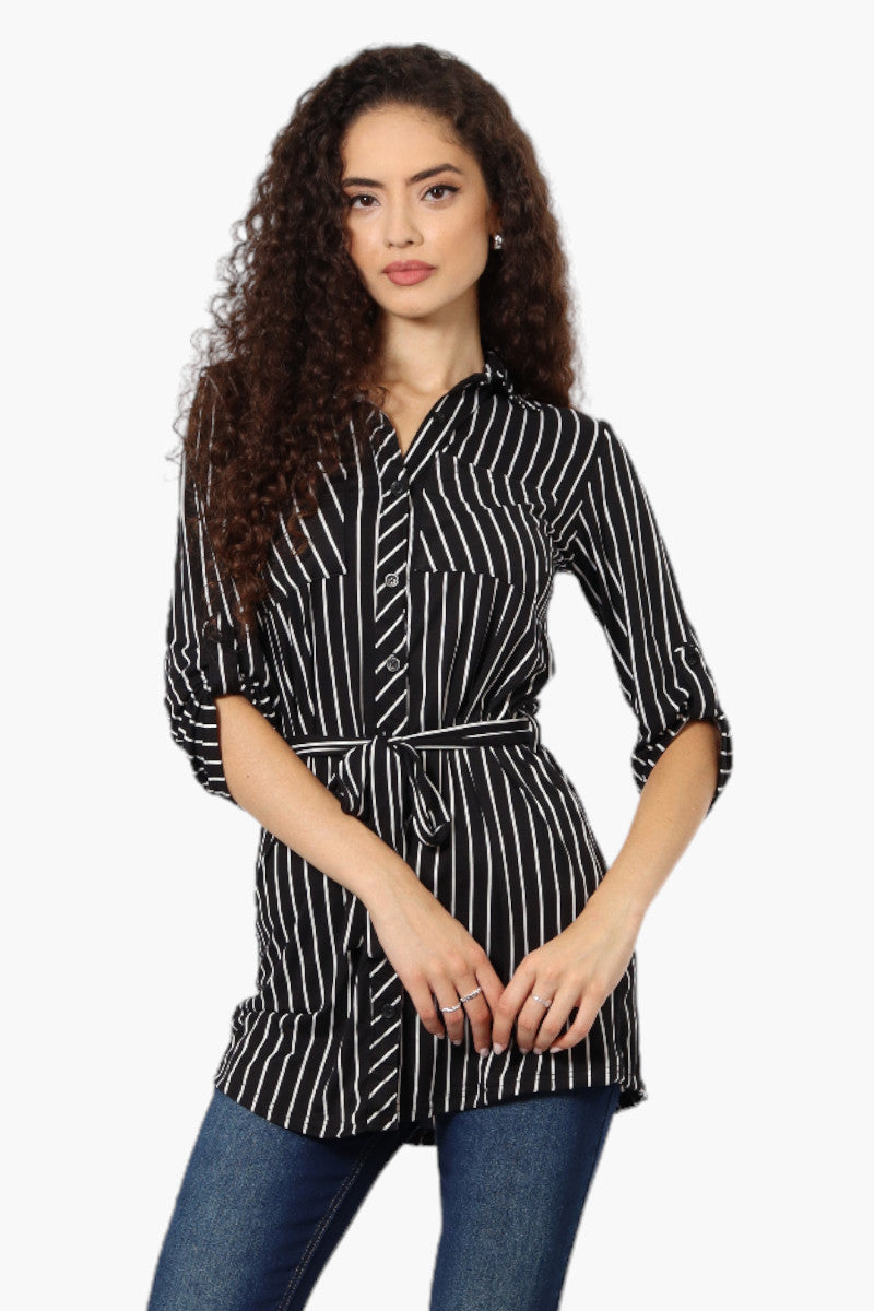 Urbanology Belted Striped Button Down Shirt - Black - Womens Shirts & Blouses - Fairweather