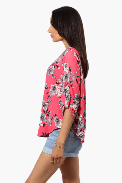 Beechers Brook Floral Roll Up Sleeve Necklace Blouse - Pink - Womens Shirts & Blouses - Fairweather