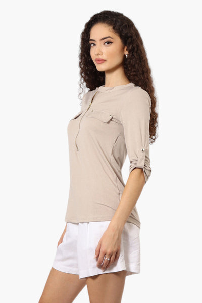 Beechers Brook Solid Half Zip Roll Up Sleeve Shirt - Beige - Womens Shirts & Blouses - Fairweather