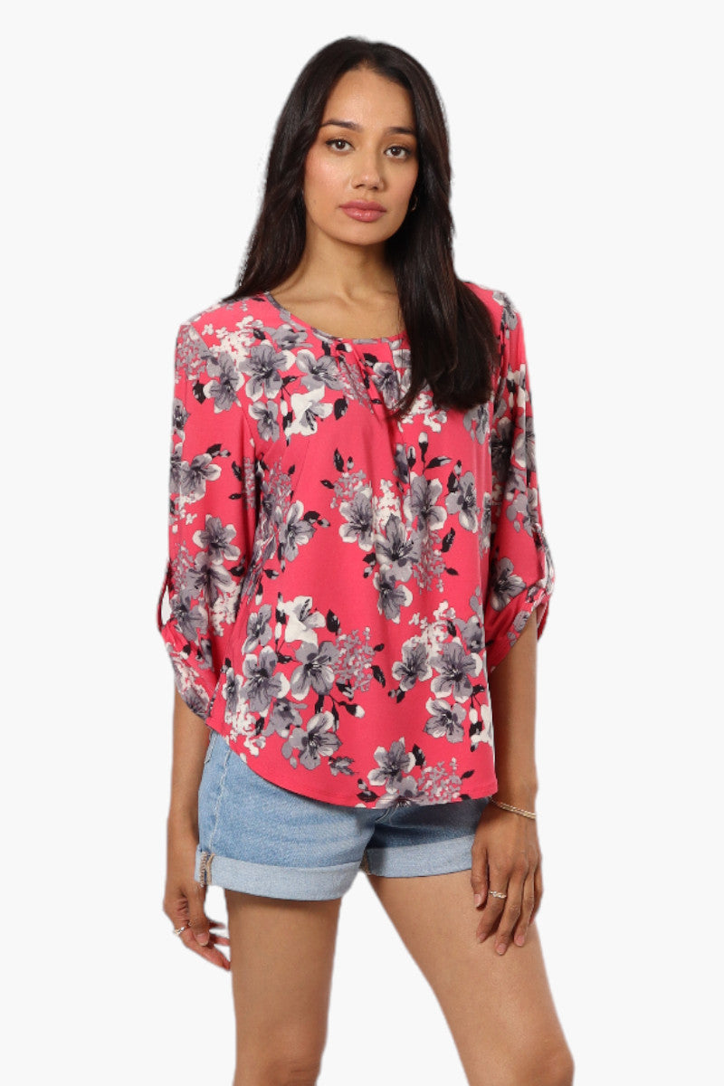 Beechers Brook Floral Roll Up Sleeve Necklace Blouse - Pink - Womens Shirts & Blouses - Fairweather